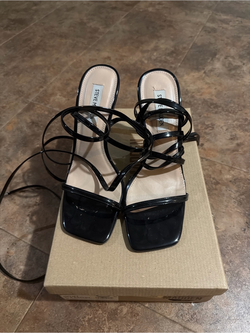 Steve Madden Black Patent Strappy Square-Toe Heeled Sandals with Wrap Ties